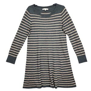 LOFT Striped Sweater Dress Large Gray Beige‎ Long Sleeve Wool Blend Swing Dress